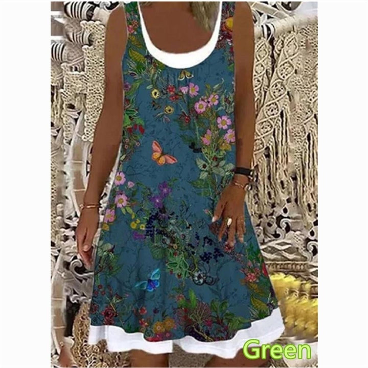 Womens Flower Fake Two-piece Printed Sleeveless Round Neck Dress Loose Plus Size Soft and Comfortable Thin Summer Dress Image 1