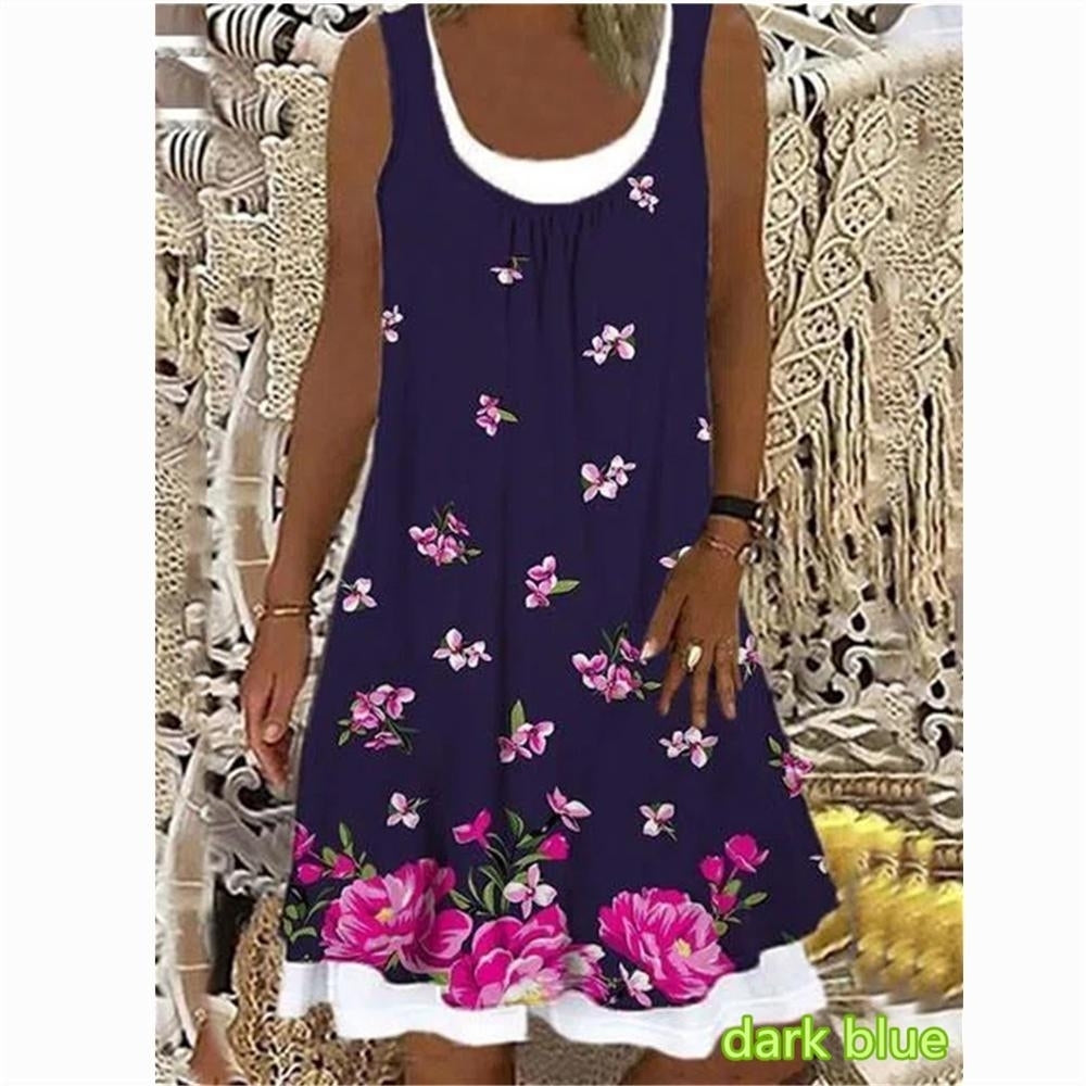 Womens Flower Fake Two-piece Printed Sleeveless Round Neck Dress Loose Plus Size Soft and Comfortable Thin Summer Dress Image 4