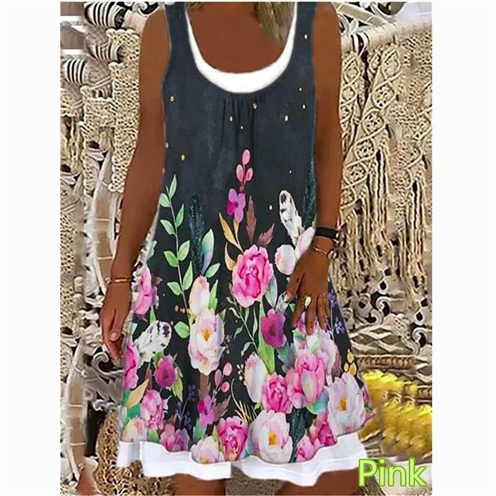 Womens Flower Fake Two-piece Printed Sleeveless Round Neck Dress Loose Plus Size Soft and Comfortable Thin Summer Dress Image 1