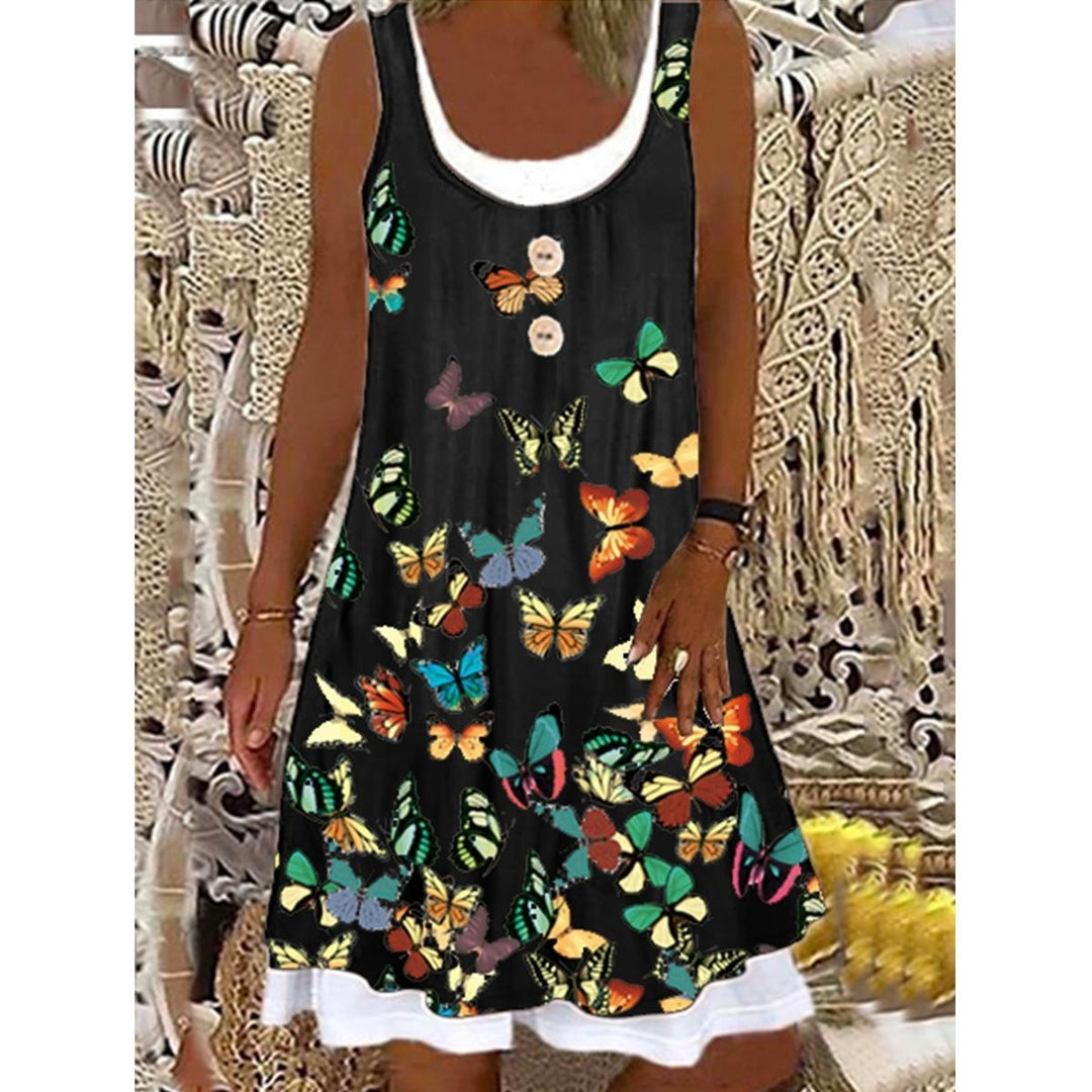 Womens Butterfly Fake Two-piece Printed Casual Sleeveless Dress Loose Plus Size Soft and Comfortable Summer Dress Image 2