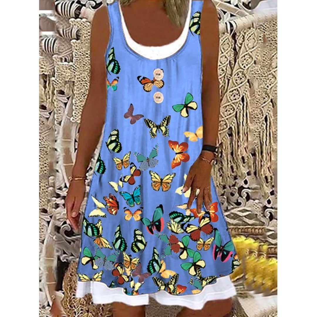 Womens Butterfly Fake Two-piece Printed Casual Sleeveless Dress Loose Plus Size Soft and Comfortable Summer Dress Image 3