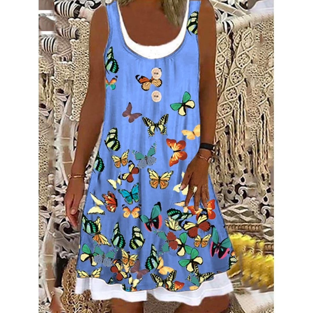 Womens Butterfly Fake Two-piece Printed Casual Sleeveless Dress Loose Plus Size Soft and Comfortable Summer Dress Image 1