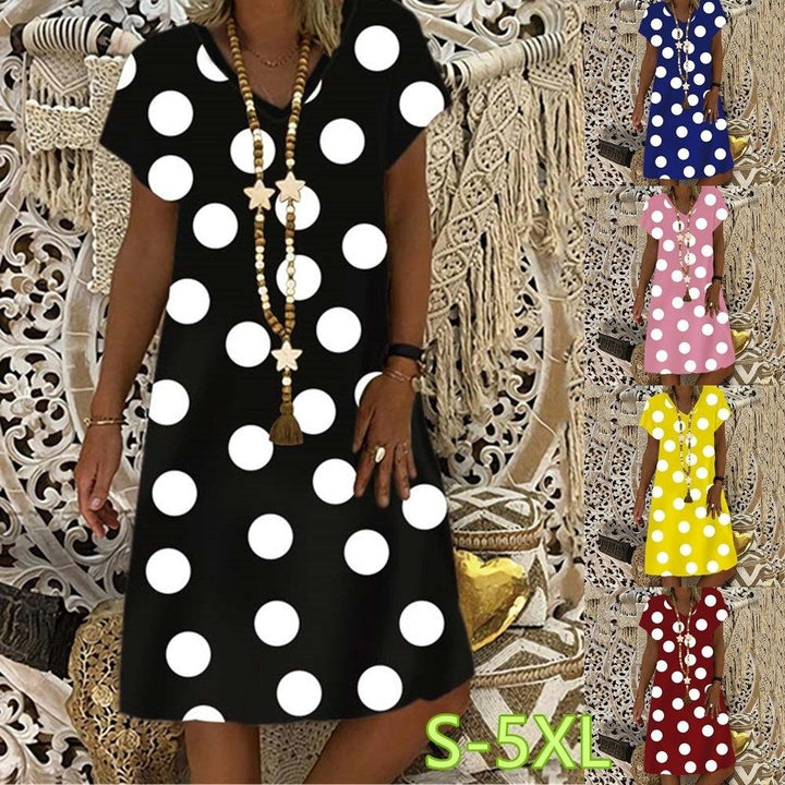 Polka Dot Print 2022 Summer Fashion Womens V-neck Short Sleeve Dress Loose Plus Size Dress S-5XL Image 1