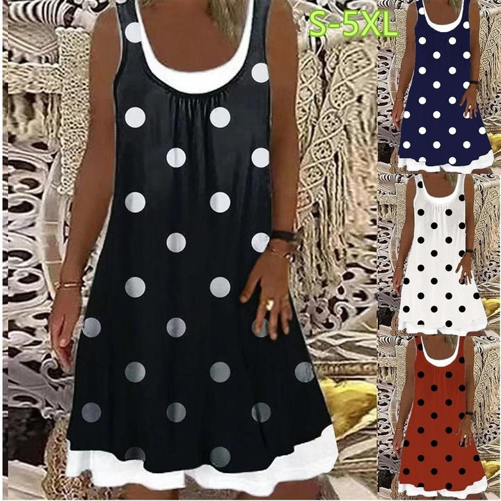 Womens Fake Two-piece Polka Dot Printed Sleeveless Casual Dress Loose Soft and Comfortable Plus Size Dress Image 1