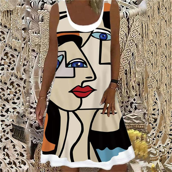 Womens Abstract Face Fake Two-piece Printed Round Neck Sleeveless Casual Dress Loose Plus Size Soft and Comfortable Image 3