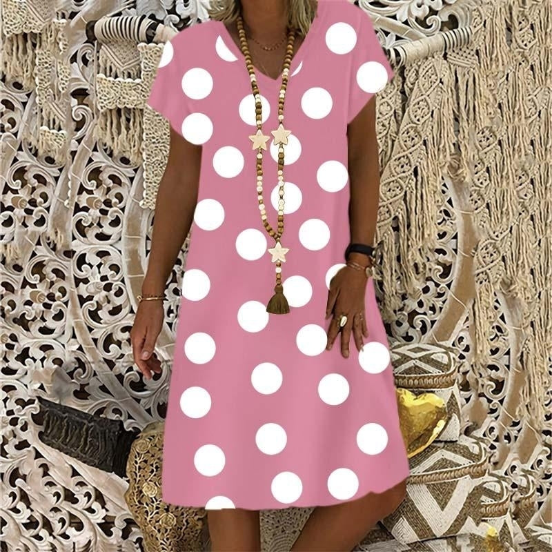 Polka Dot Print 2022 Summer Fashion Womens V-neck Short Sleeve Dress Loose Plus Size Dress S-5XL Image 8