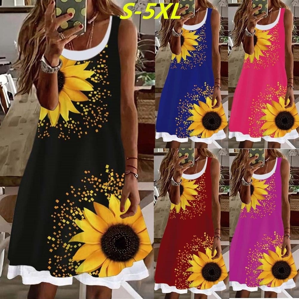 Woman Sunflower Fake Two Pieces Printed Sleeveless Casual Soft and Comfortable Plus Size Dress S-5XL Image 1