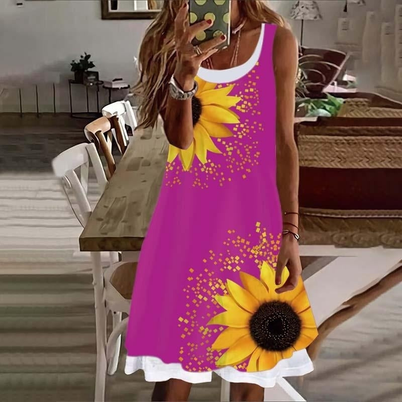 Woman Sunflower Fake Two Pieces Printed Sleeveless Casual Soft and Comfortable Plus Size Dress S-5XL Image 2