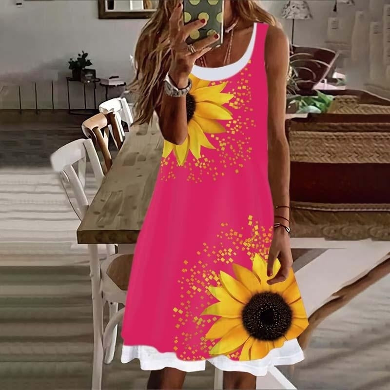 Woman Sunflower Fake Two Pieces Printed Sleeveless Casual Soft and Comfortable Plus Size Dress S-5XL Image 3