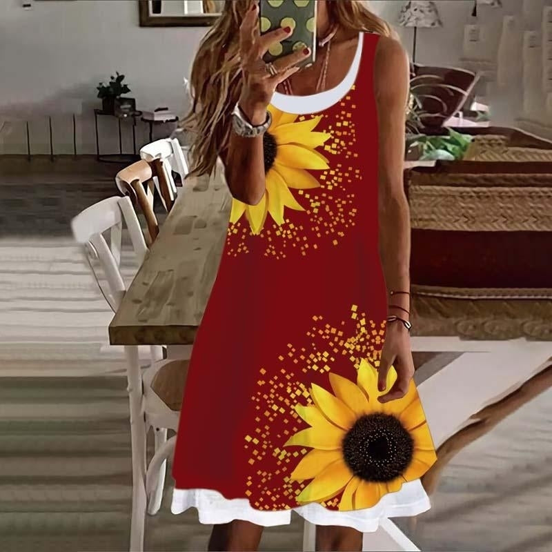 Woman Sunflower Fake Two Pieces Printed Sleeveless Casual Soft and Comfortable Plus Size Dress S-5XL Image 4