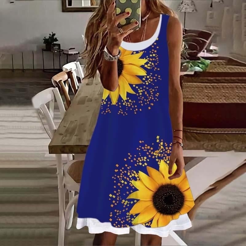 Woman Sunflower Fake Two Pieces Printed Sleeveless Casual Soft and Comfortable Plus Size Dress S-5XL Image 1