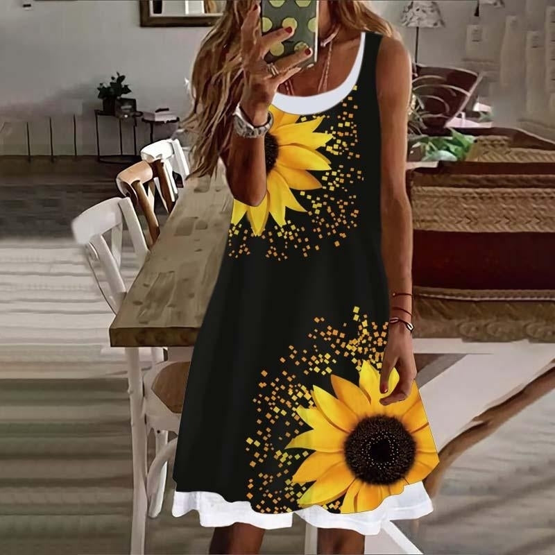 Woman Sunflower Fake Two Pieces Printed Sleeveless Casual Soft and Comfortable Plus Size Dress S-5XL Image 6