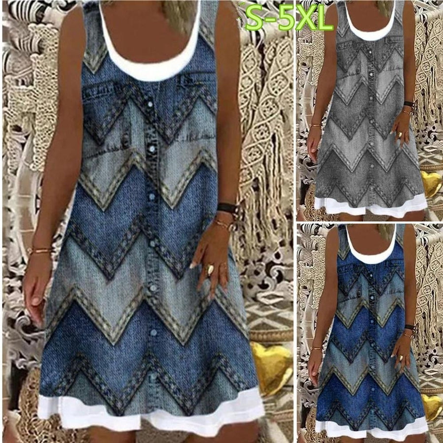Womens Geometric Printed Casual Sleeveless Round Neck Dress Loose Plus Size Soft and Comfortable Thin Summer Dress Image 1