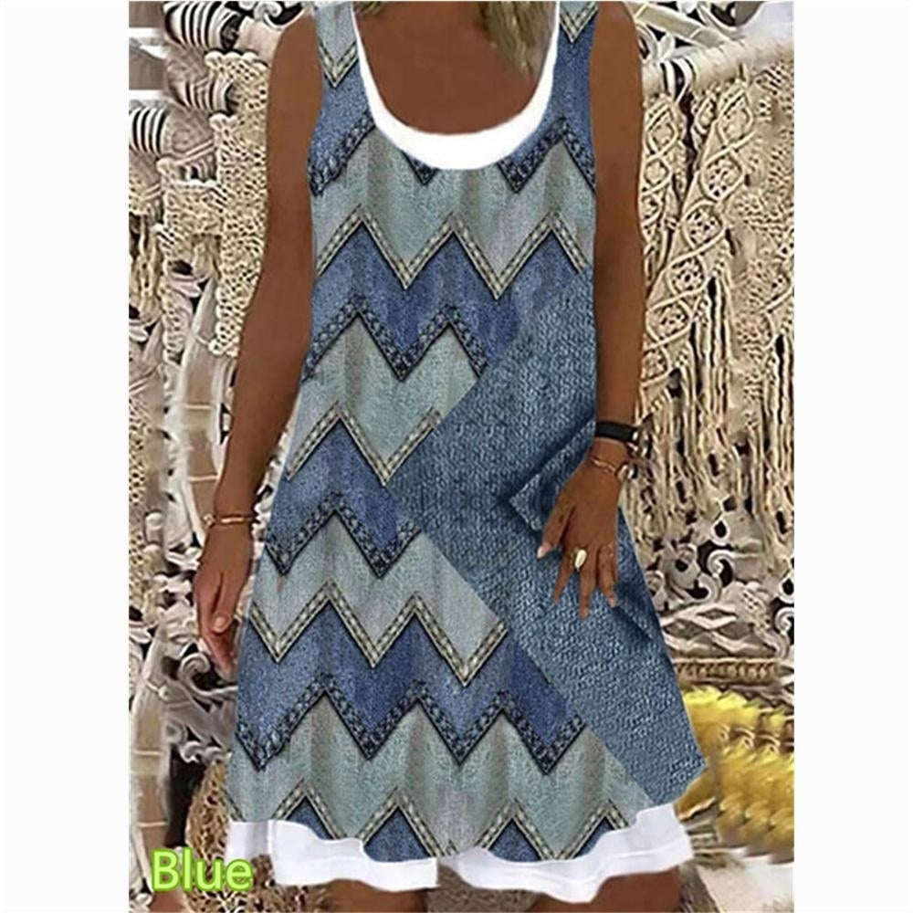 Womens Geometric Stripe Printed Casual Sleeveless Round Neck Dress Loose Plus Size Soft and Comfortable Thin Summer Image 2