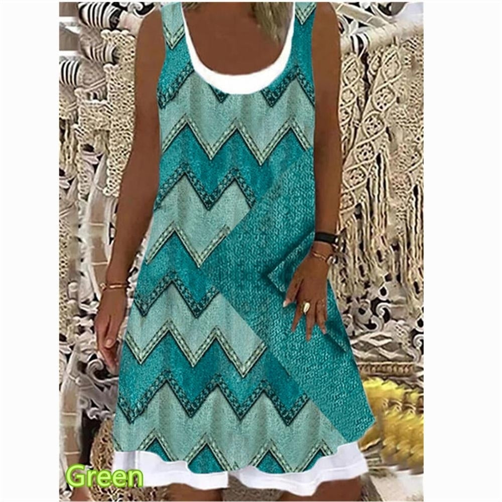 Womens Geometric Stripe Printed Casual Sleeveless Round Neck Dress Loose Plus Size Soft and Comfortable Thin Summer Image 3