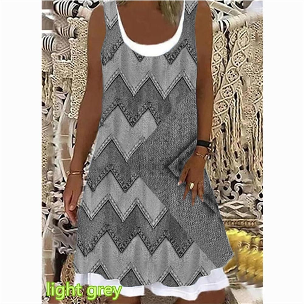 Womens Geometric Stripe Printed Casual Sleeveless Round Neck Dress Loose Plus Size Soft and Comfortable Thin Summer Image 4