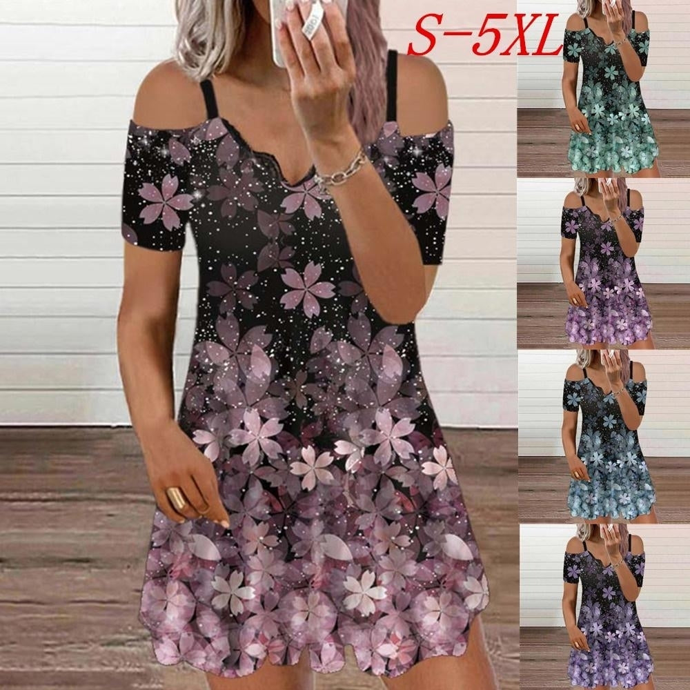 Woman Off Shoulder Short Sleeve Lace V-neck Printed Casual Dress Plus Size Loose Dress S-5XL Image 1