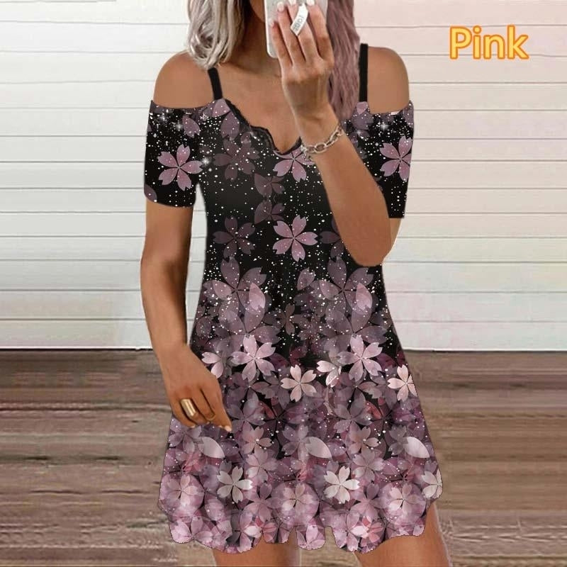 Woman Off Shoulder Short Sleeve Lace V-neck Printed Casual Dress Plus Size Loose Dress S-5XL Image 7