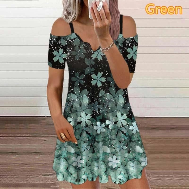 Woman Off Shoulder Short Sleeve Lace V-neck Printed Casual Dress Plus Size Loose Dress S-5XL Image 8