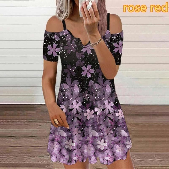 Woman Off Shoulder Short Sleeve Lace V-neck Printed Casual Dress Plus Size Loose Dress S-5XL Image 9