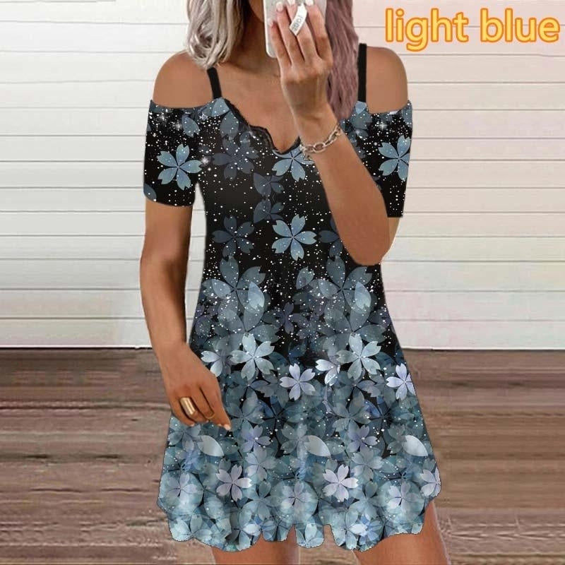 Woman Off Shoulder Short Sleeve Lace V-neck Printed Casual Dress Plus Size Loose Dress S-5XL Image 10