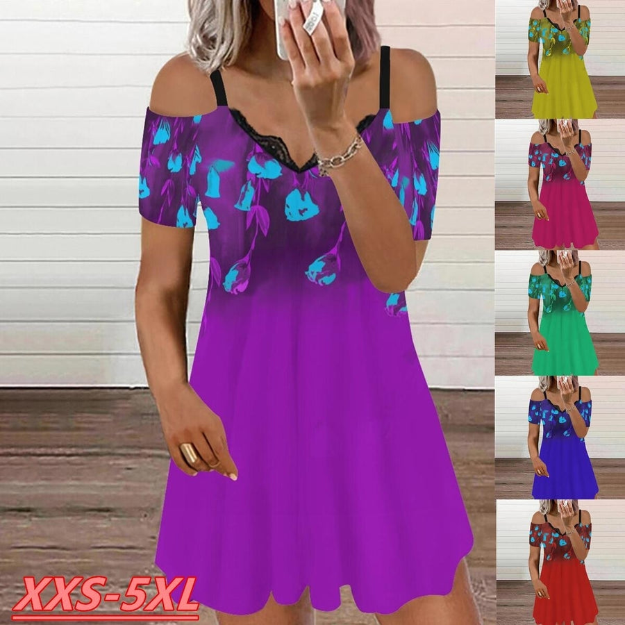 Summer Fashion Womens V-neck Lace Dress Printing Skirt Casual Plus Size Dress XXS-5XL Image 1