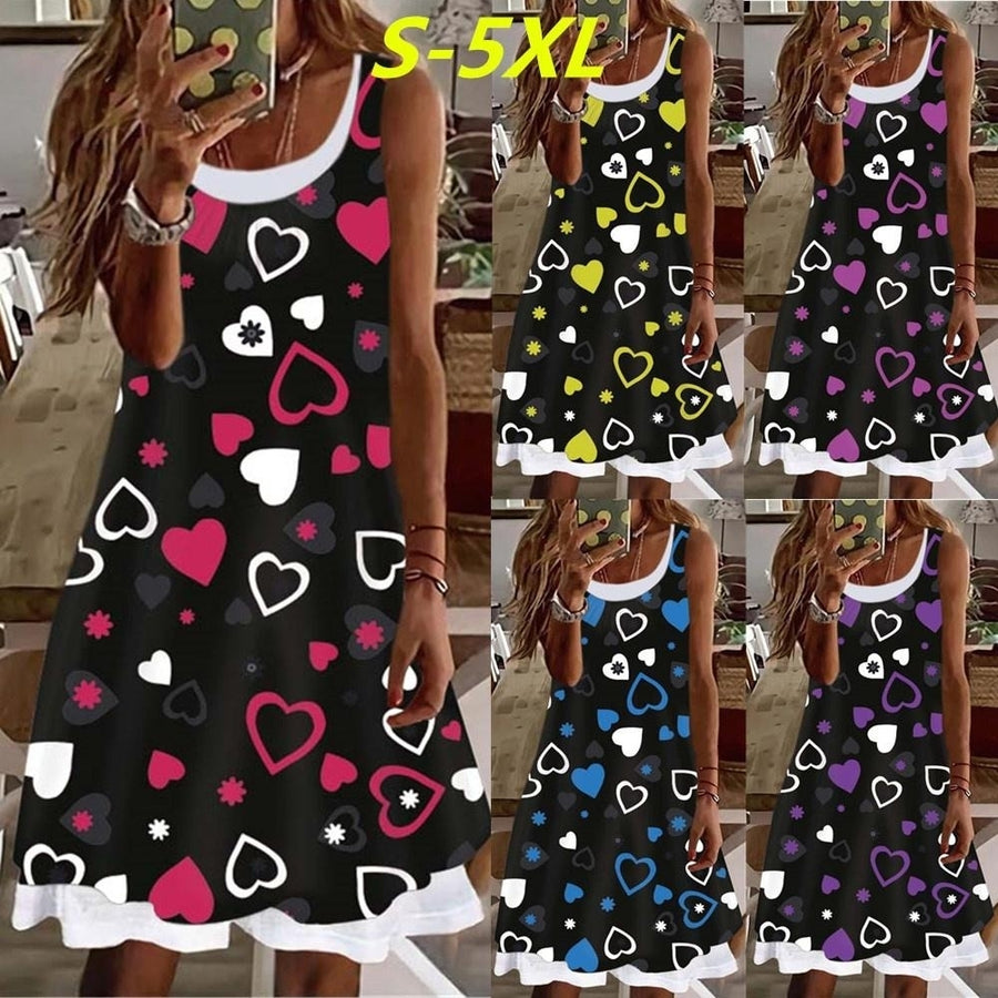 Dress for Summer  Fashion Love Fake Two Pieces Printed Round Neck Sleeveless  Plus Size Loose Dress S-5XL Image 1
