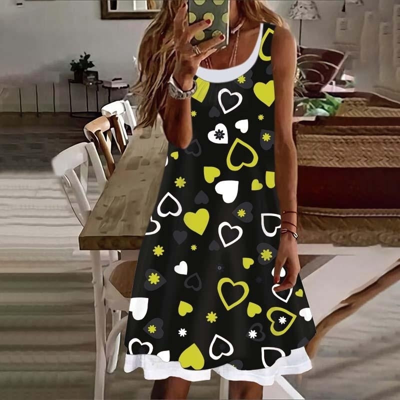 Dress for Summer  Fashion Love Fake Two Pieces Printed Round Neck Sleeveless  Plus Size Loose Dress S-5XL Image 2