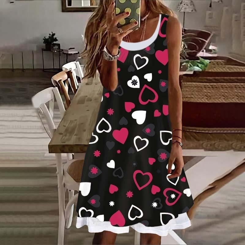 Dress for Summer Fashion Love Fake Two Pieces Printed Round Neck Sleeveless Plus Size Loose Dress S-5XL Image 3