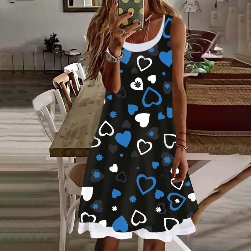 Dress for Summer Fashion Love Fake Two Pieces Printed Round Neck Sleeveless Plus Size Loose Dress S-5XL Image 4