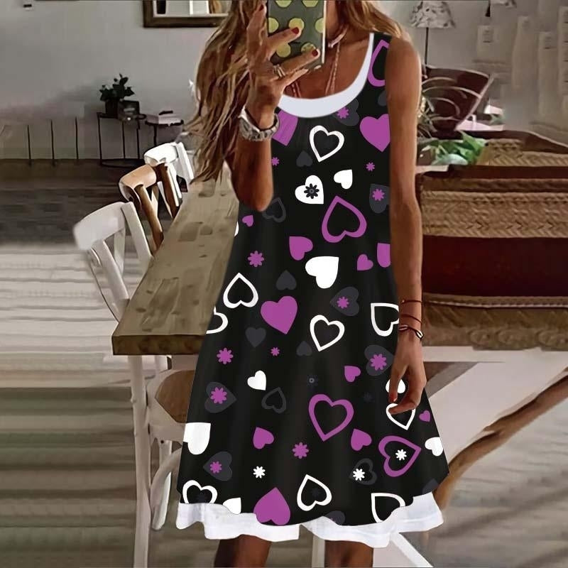 Dress for Summer Fashion Love Fake Two Pieces Printed Round Neck Sleeveless Plus Size Loose Dress S-5XL Image 6