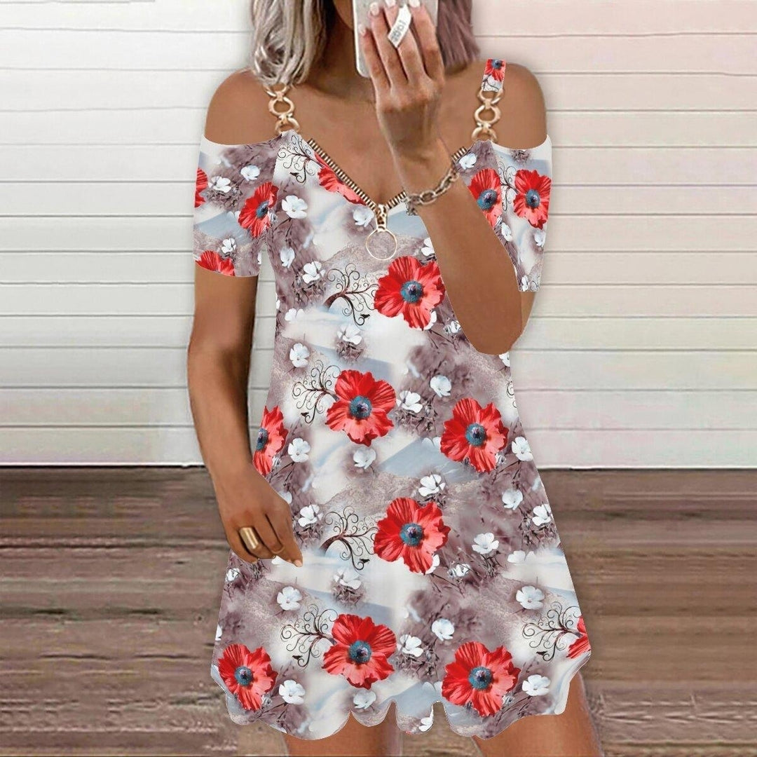 Summer Fashion Womens V-neck Zipper Short Sleeve Dress Printing Skirt Casual Plus Size Dress XXS-5XL Image 6