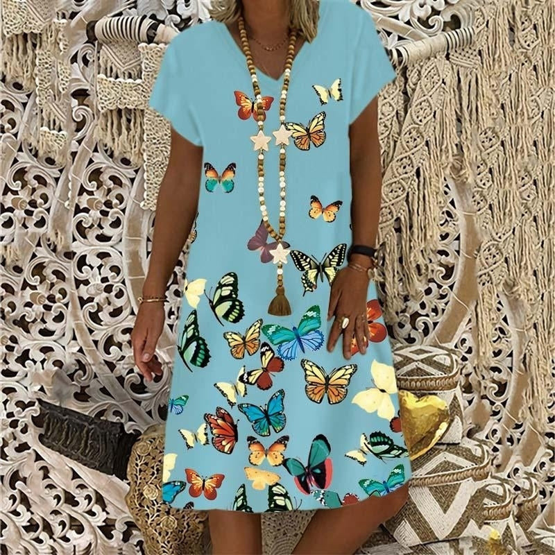 Summer Womens V-neck Butterfly Printed Short Sleeve Dress Loose Soft and Comfortable Plus Size Dress S-5XL Image 2