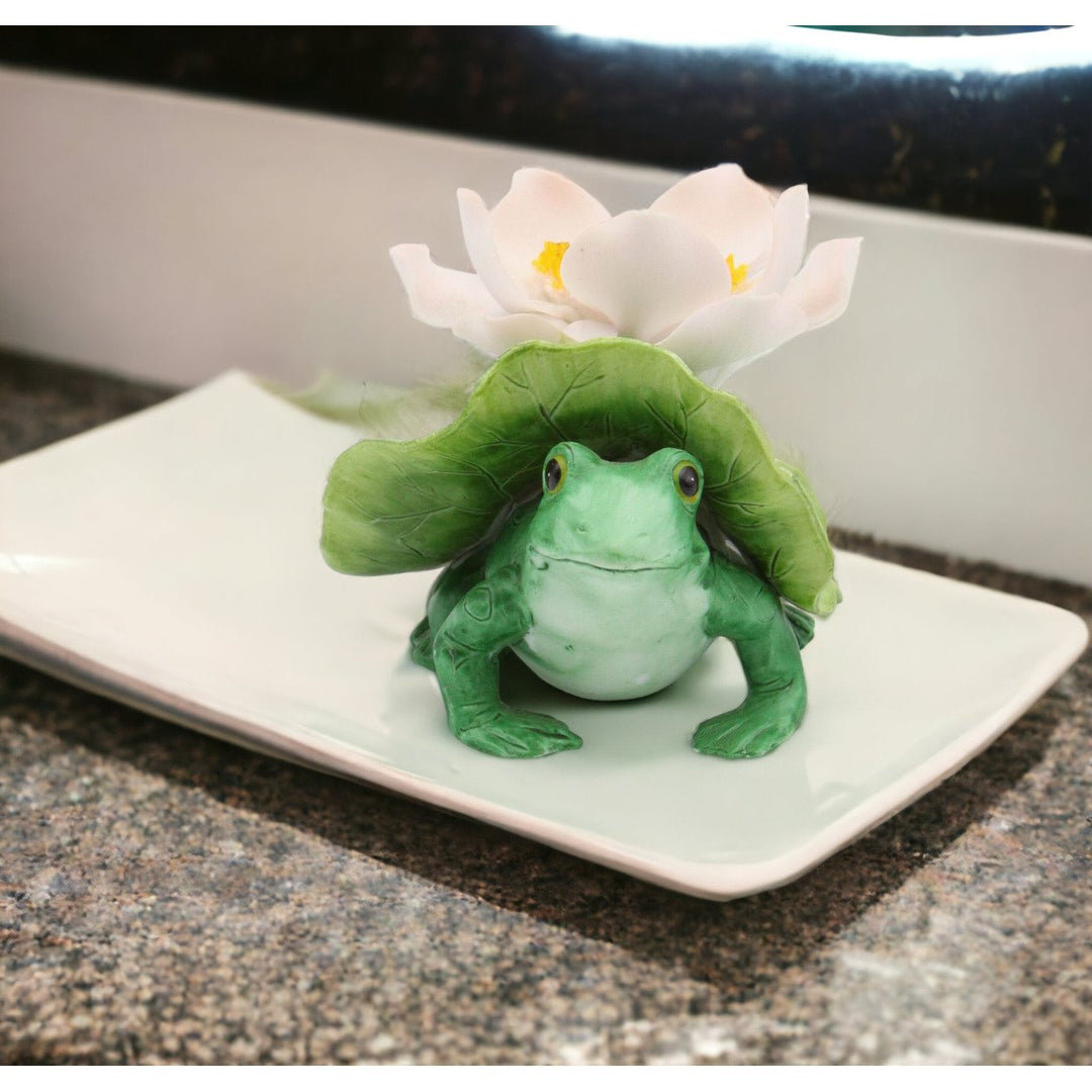 Ceramic Frog and Flower Candle Holder 4.875in Spring Cottagecore Gift Image 2