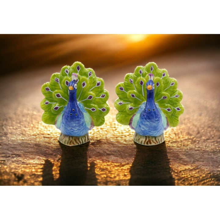 Hand Painted Ceramic Blue Peacock Salt and Pepper Shakers 3x2.25x3.38 Image 1