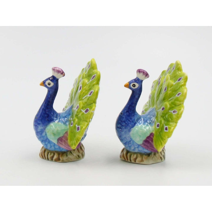 Hand Painted Ceramic Blue Peacock Salt and Pepper Shakers 3x2.25x3.38 Image 4