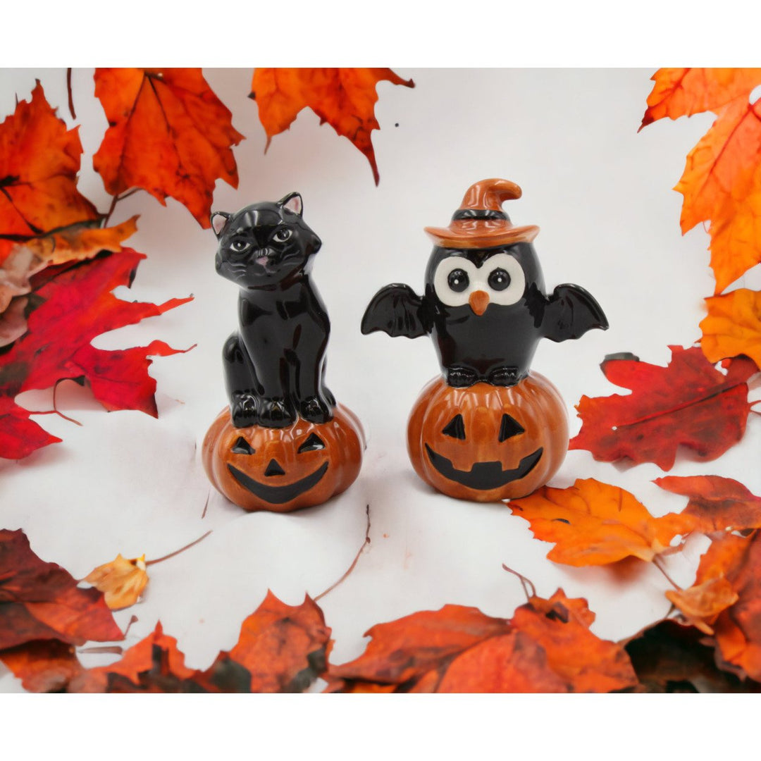 Ceramic Black Owl Black Cat Pumpkin Salt and Pepper Set Fall Gift Image 1