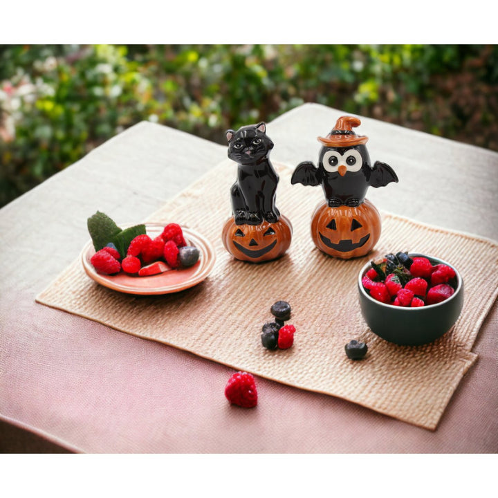 Ceramic Black Owl Black Cat Pumpkin Salt and Pepper Set Fall Gift Image 2