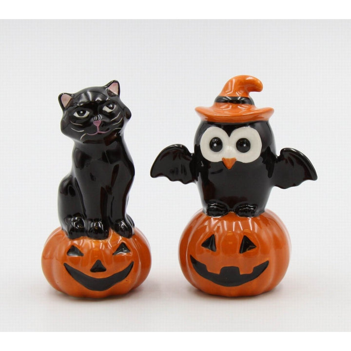 Ceramic Black Owl Black Cat Pumpkin Salt and Pepper Set Fall Gift Image 3