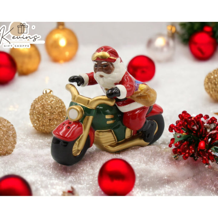 Ceramic African American Santa Motorcycle Salt and Pepper Shakers Image 1