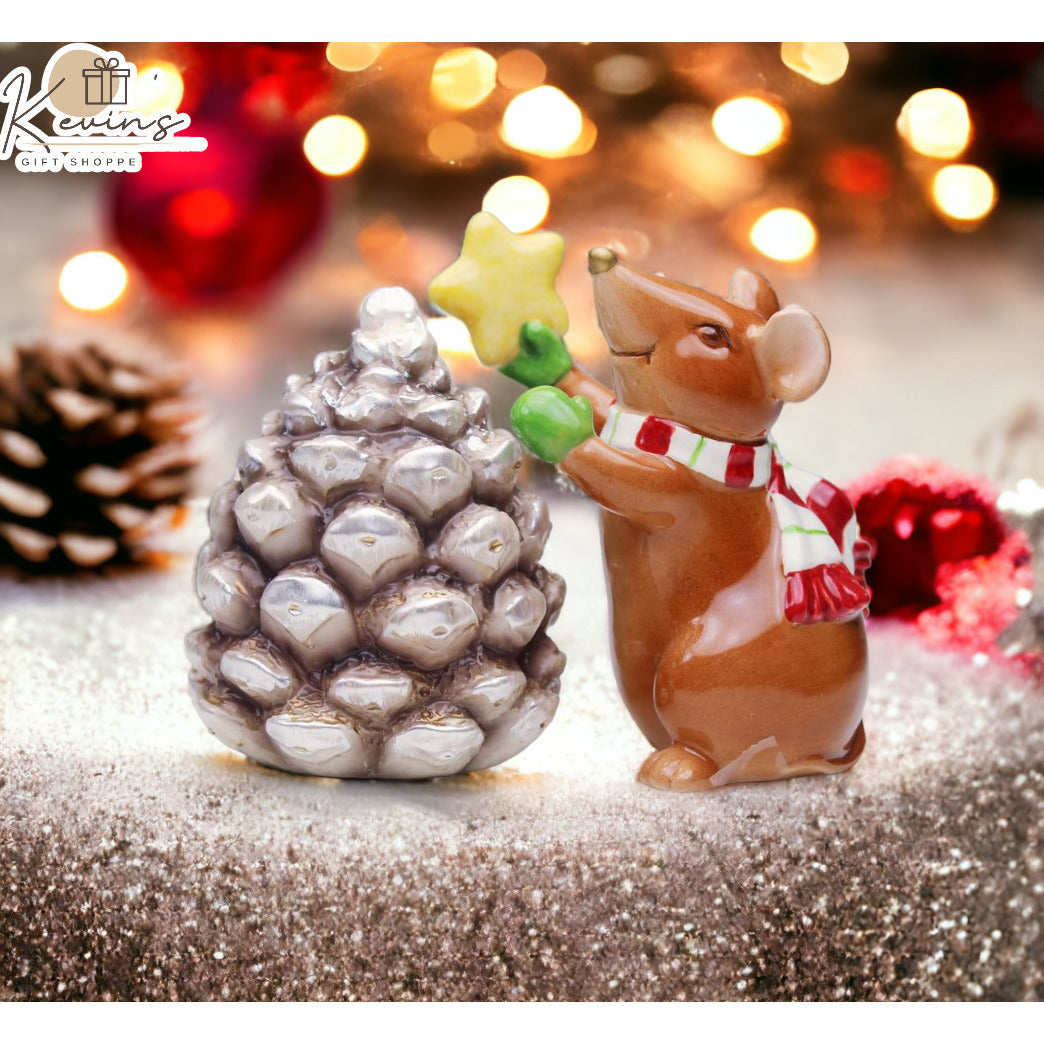 Ceramic Christmas Mouse Pinecone Salt and Pepper Shakers Image 1