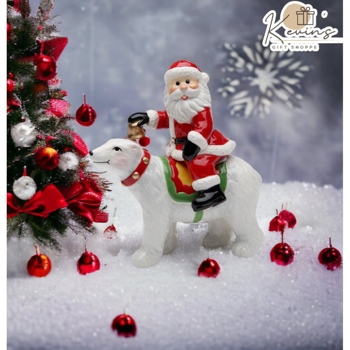 Ceramic Santa Riding Polar Bear Salt and Pepper Shakers Holiday Image 1