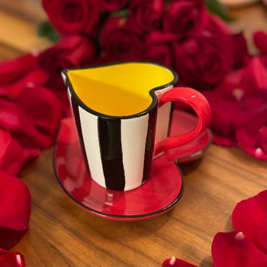 Ceramic Heart Shaped Cup and Saucer Black and White Striped Mom Image 3