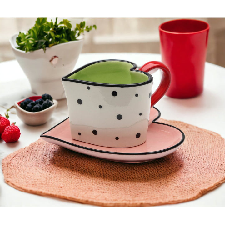 Ceramic Heart Shaped Cup and Saucer Polka Dot 6oz Tea Party Image 1