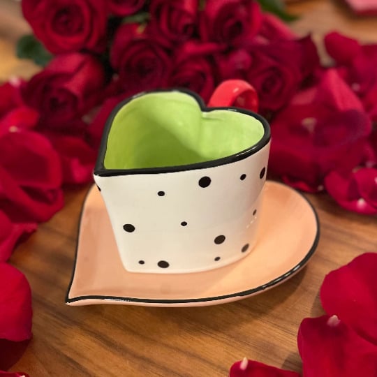 Ceramic Heart Shaped Cup and Saucer Polka Dot 6oz Tea Party Image 2