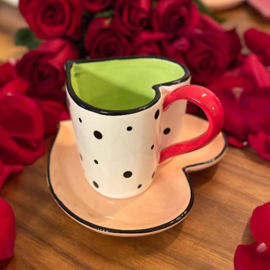 Ceramic Heart Shaped Cup and Saucer Polka Dot 6oz Tea Party Image 3