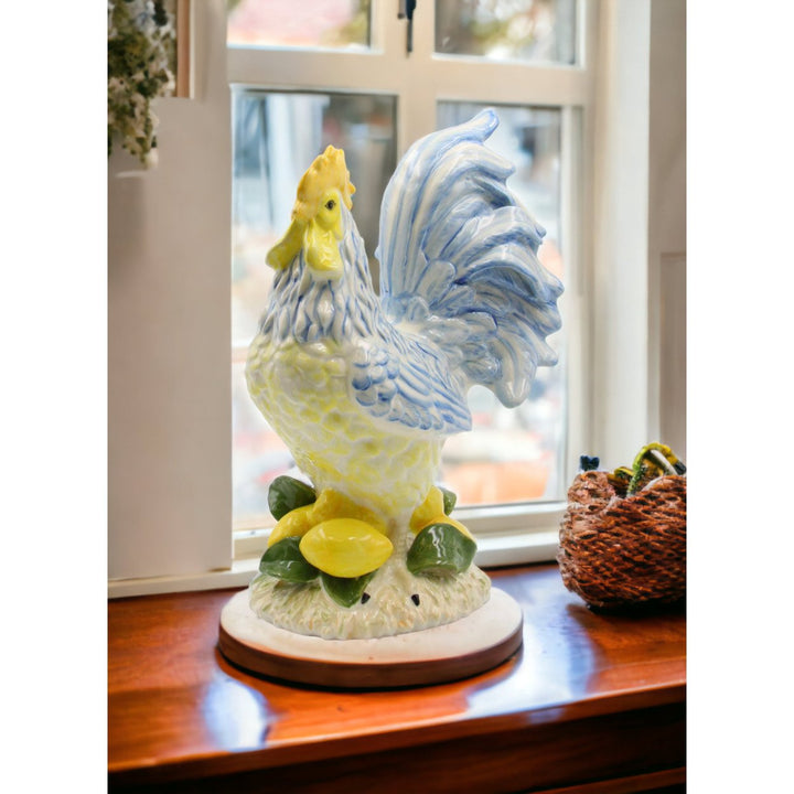 Ceramic Blue Yellow Rooster Statue 10.5"  Kitchen Farmhouse Image 1