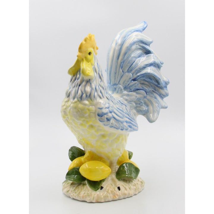 Ceramic Blue Yellow Rooster Statue 10.5"  Kitchen Farmhouse Image 2