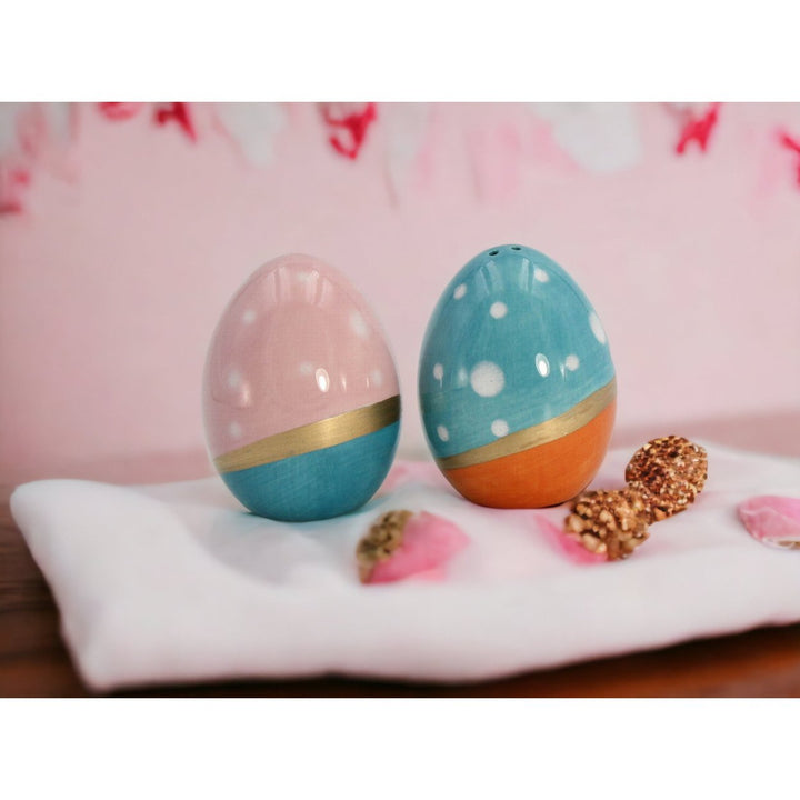 Ceramic Blue Pink Easter Egg Salt Pepper Shakers Gold Accent 2x2x2.75 Image 1