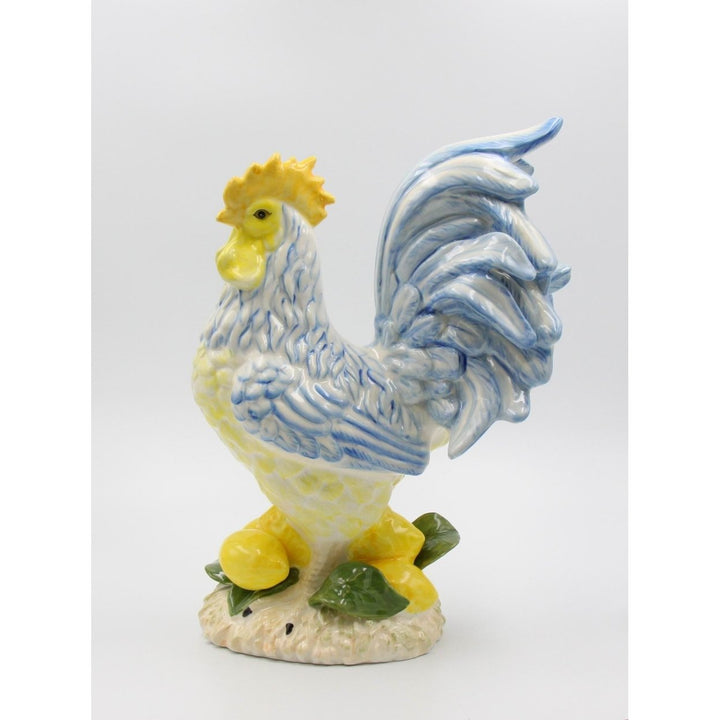 Ceramic Blue Yellow Rooster Statue 10.5"  Kitchen Farmhouse Image 4